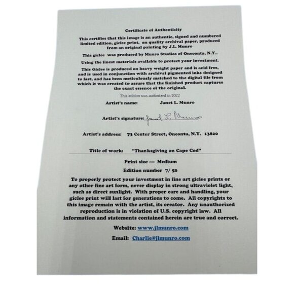 NWT Thanksgiving Feast In Winter Snow Art Print By J.L. Munro Signed & Numbered - Picture 8 of 9